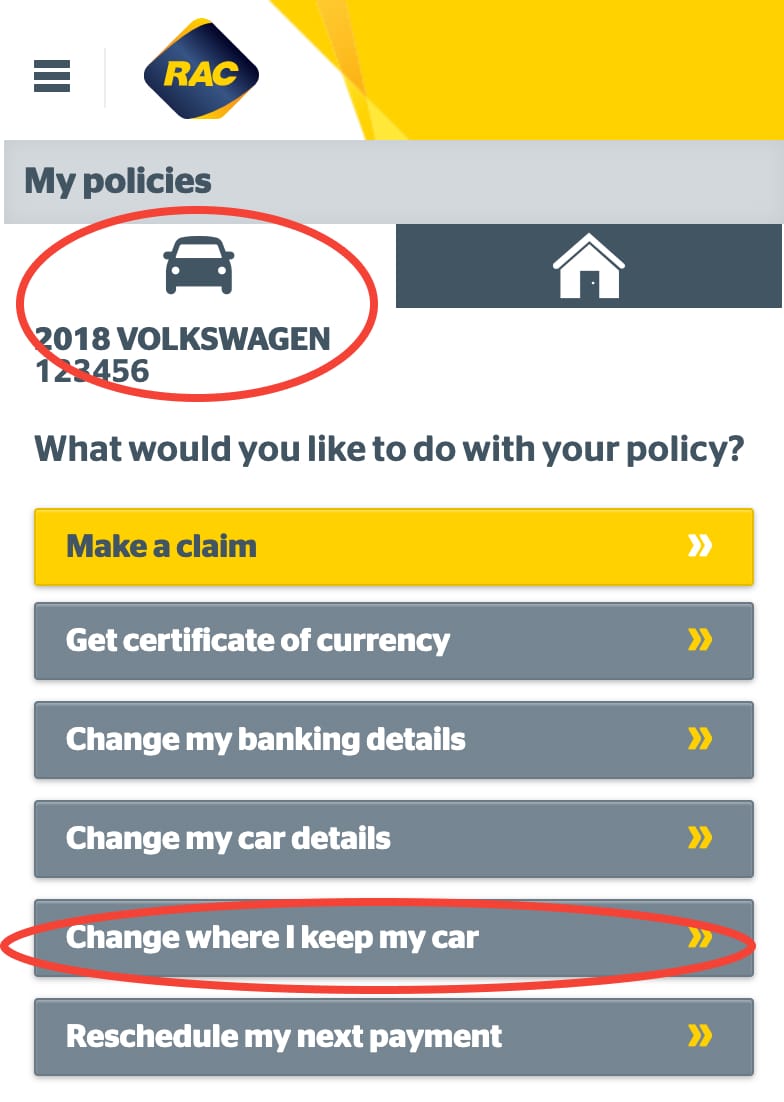 Selecting your motor policy and Change my car details on Mobile
