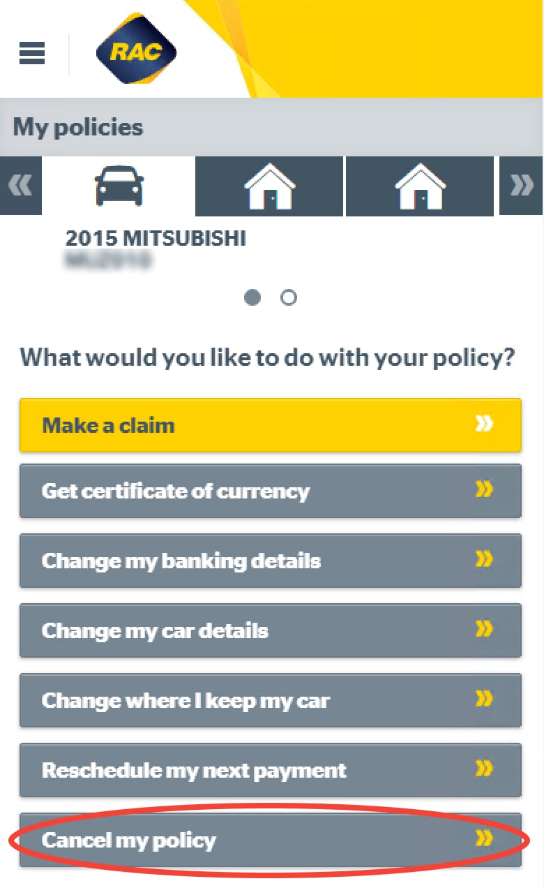 Selecting cancel my policy on Mobile