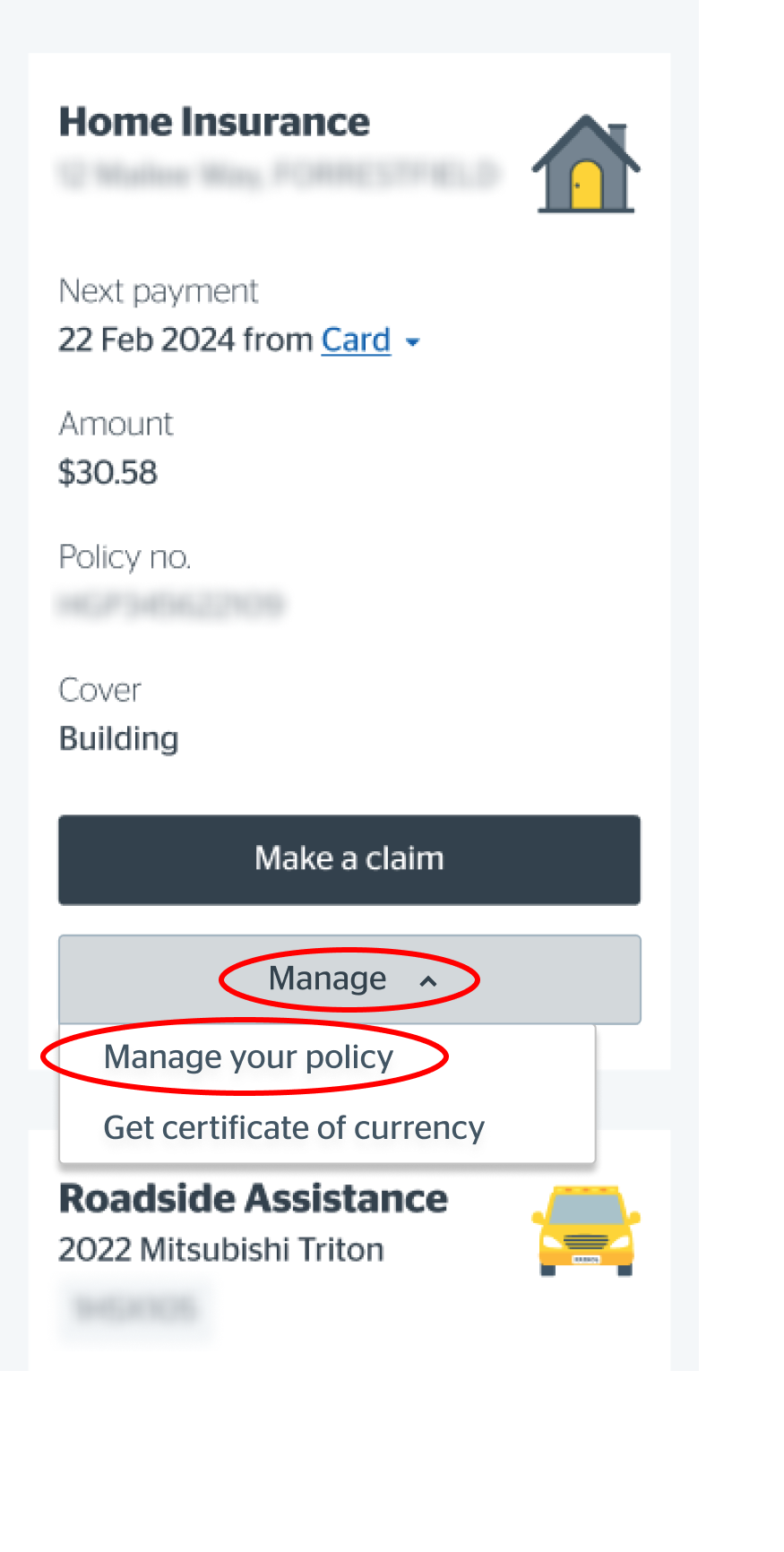 Selecting Manage my policy from dropdown on mobile