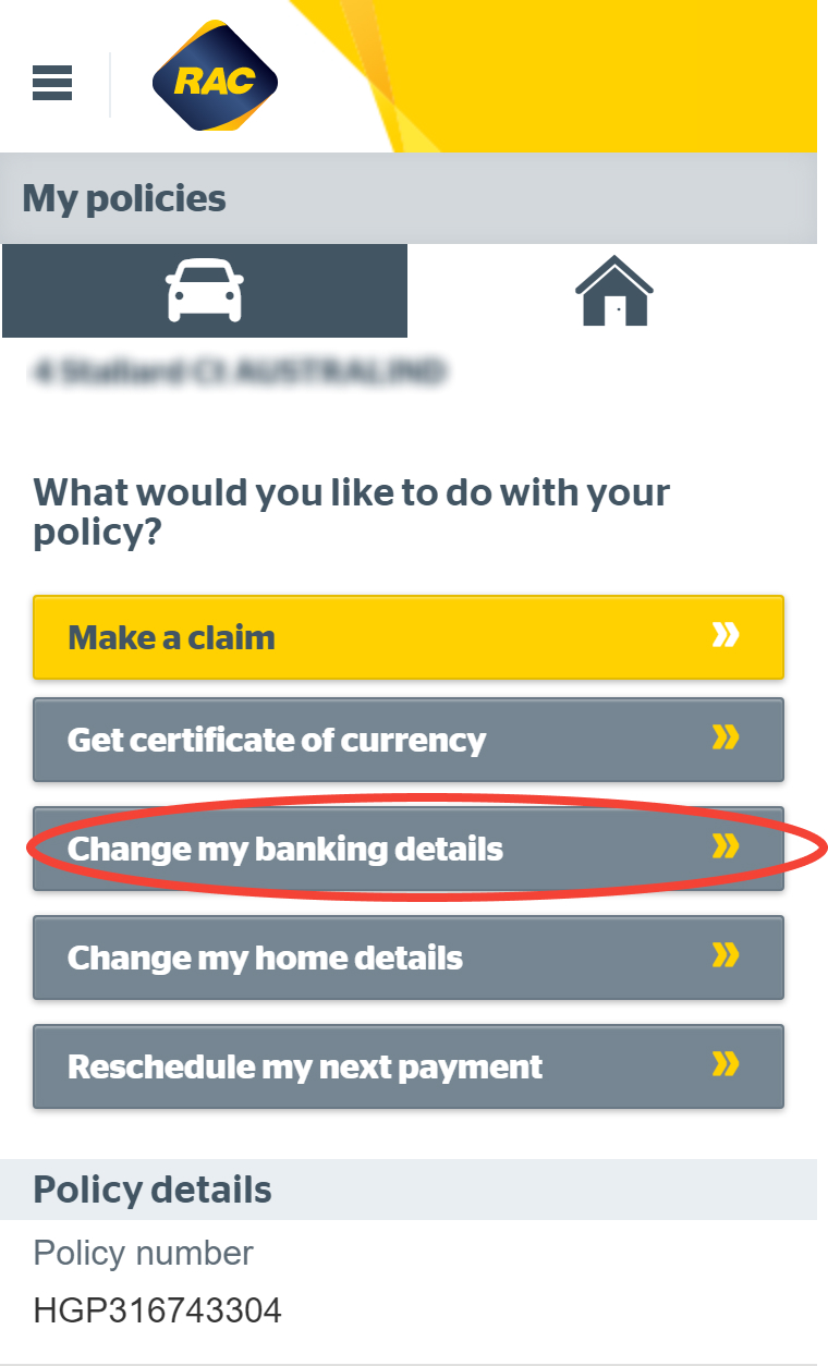 Selecting Change my banking details on Mobile
