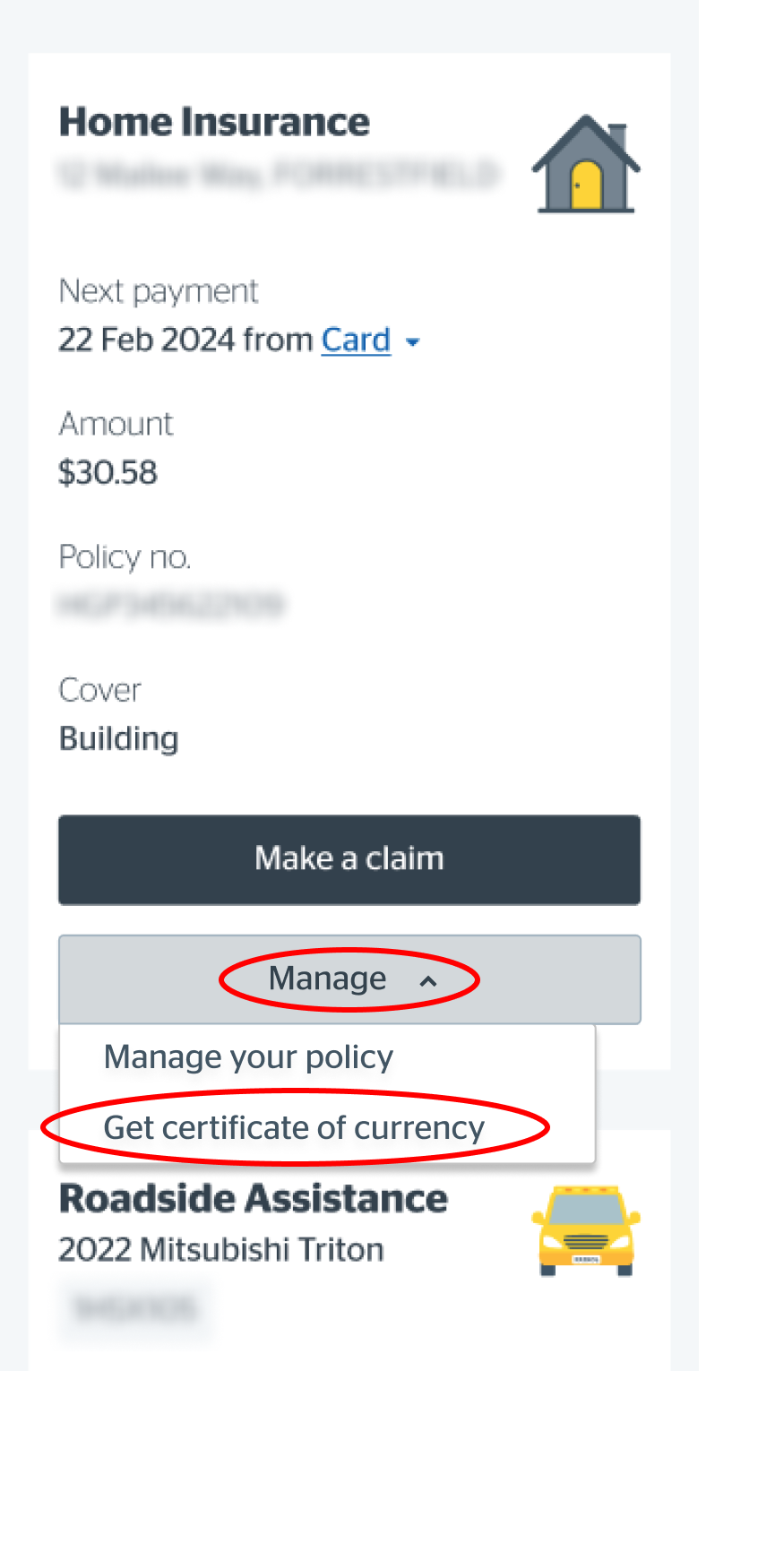 Selecting Get certificate of currency on mobile