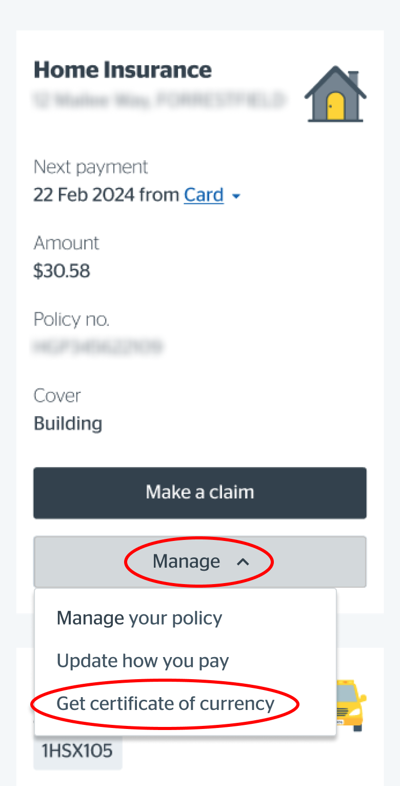 Selecting Get certificate of currency on mobile