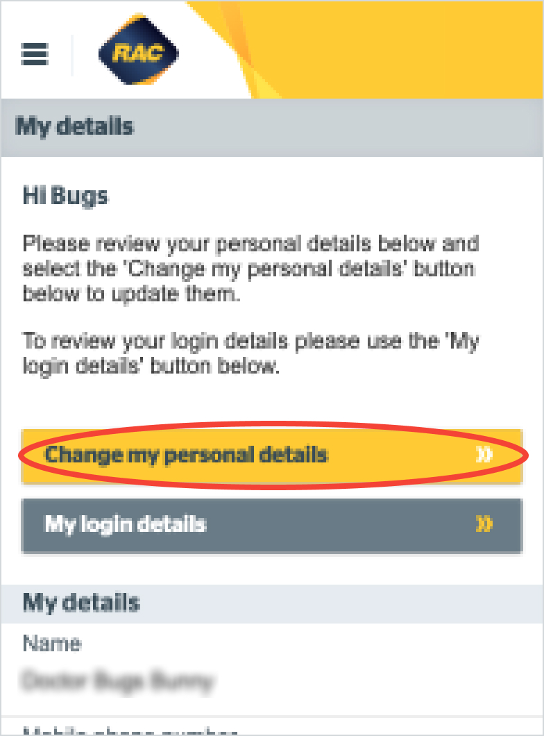 Selecting Change my personal details on mobile