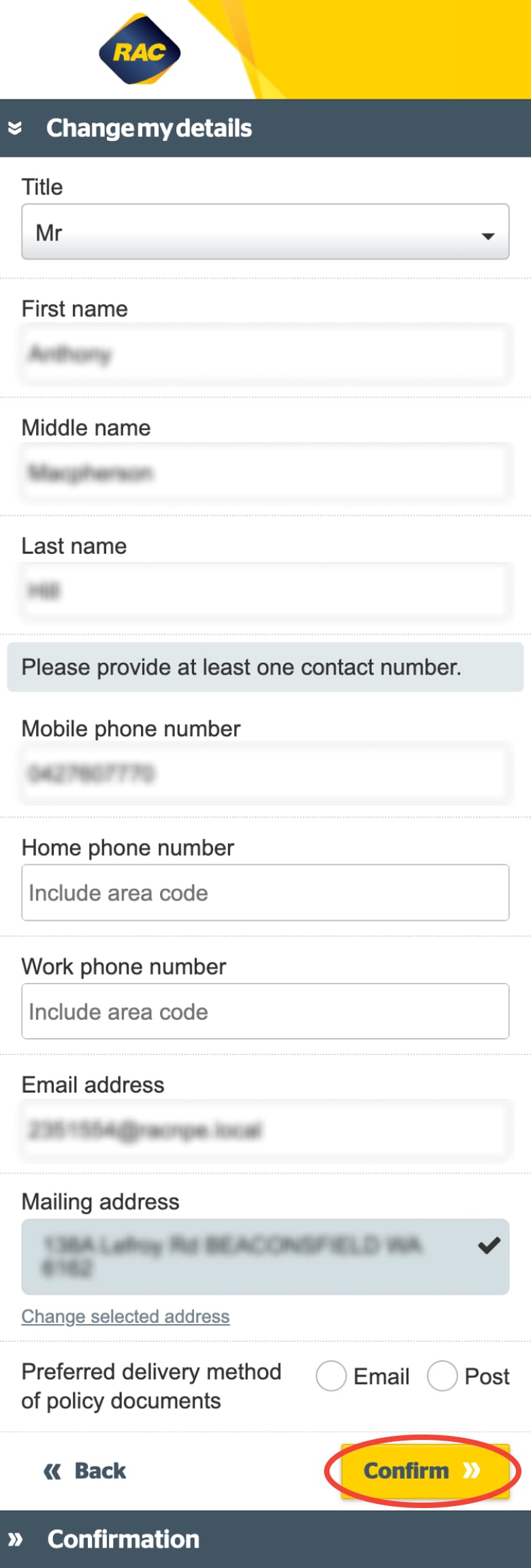 Update your contact details on mobile