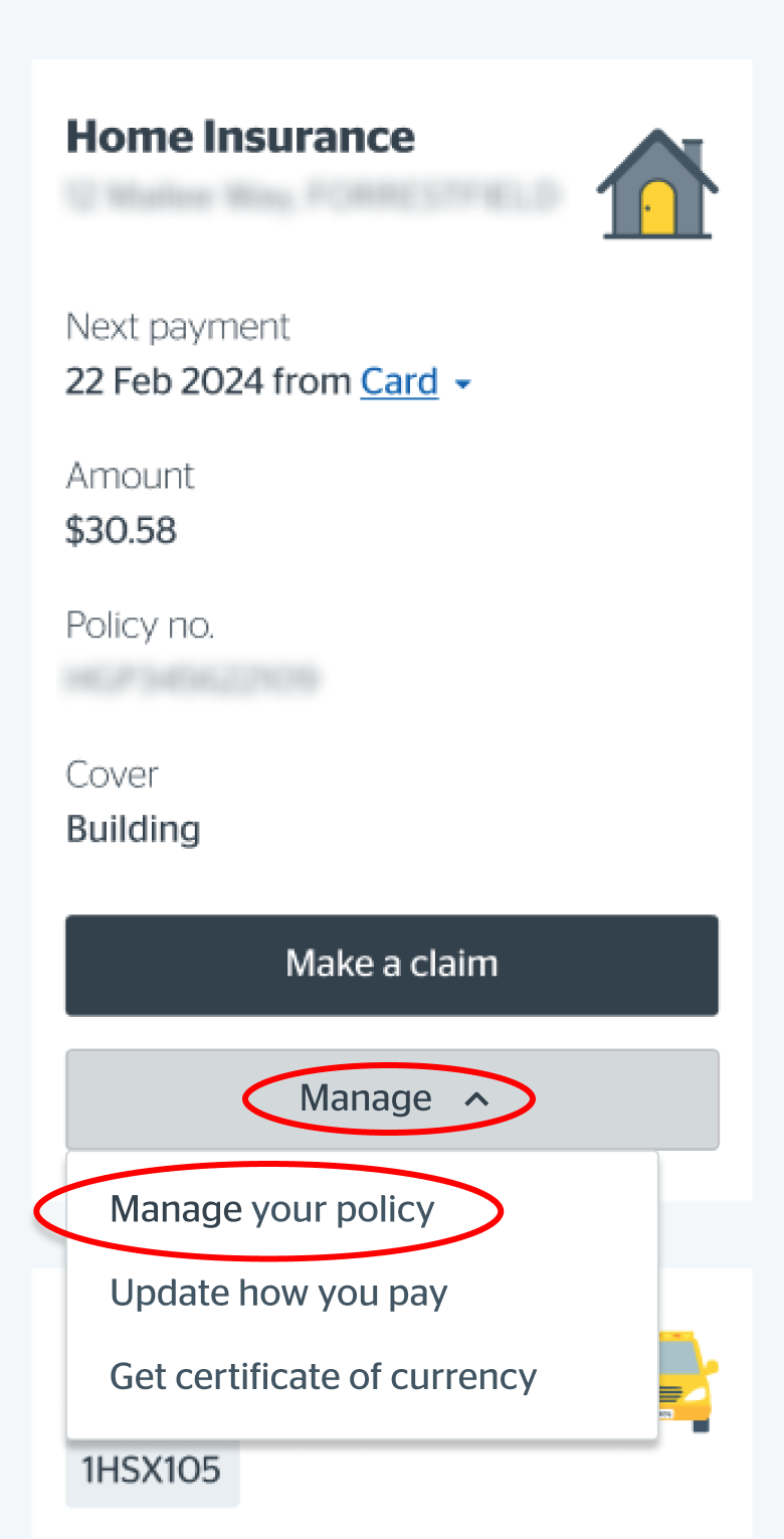 Selecting Manage my policy from dropdown on mobile