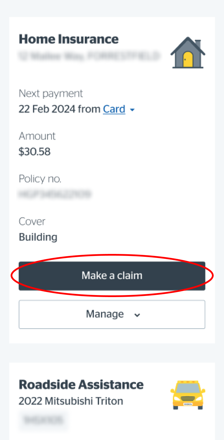 Selecting Make a claim on mobile