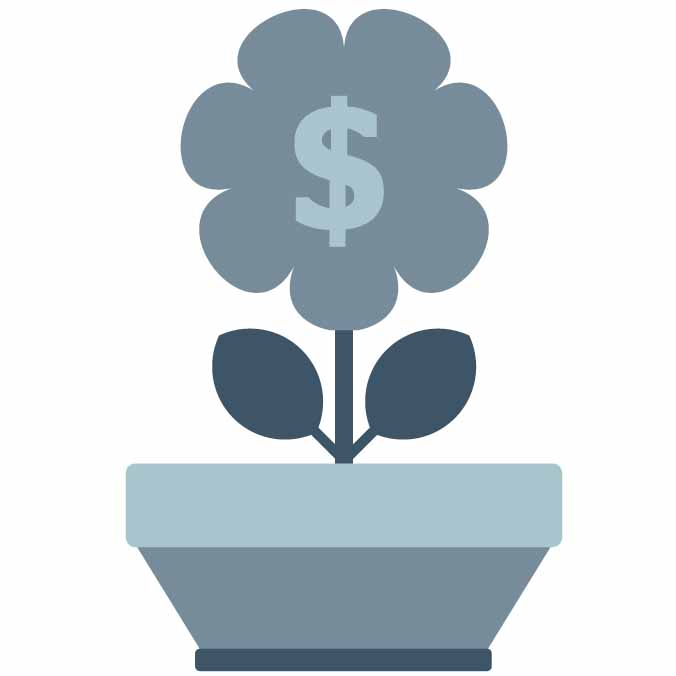 A pot plant with a flower growing, and a dollar sign in the middle 