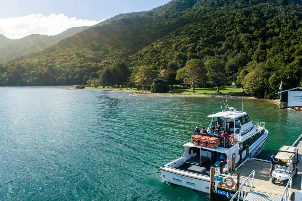 The Queen Charlotte Sound Cruise ship docked at the Furneaux Lodge