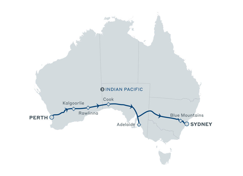Map showing the route of the Indian Pacific travelling from Perth to Sydney or vice versa. 