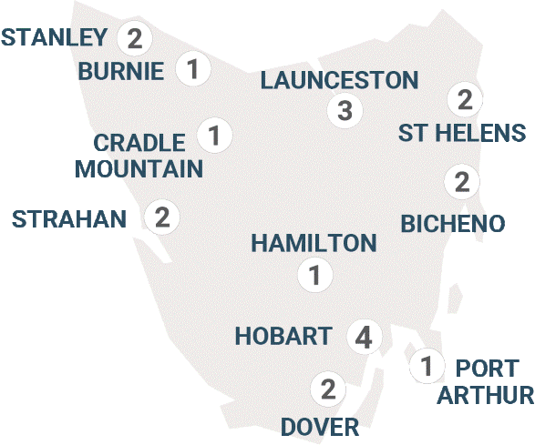 Map of Tasmania indication the number of nights in each location for this itinerary