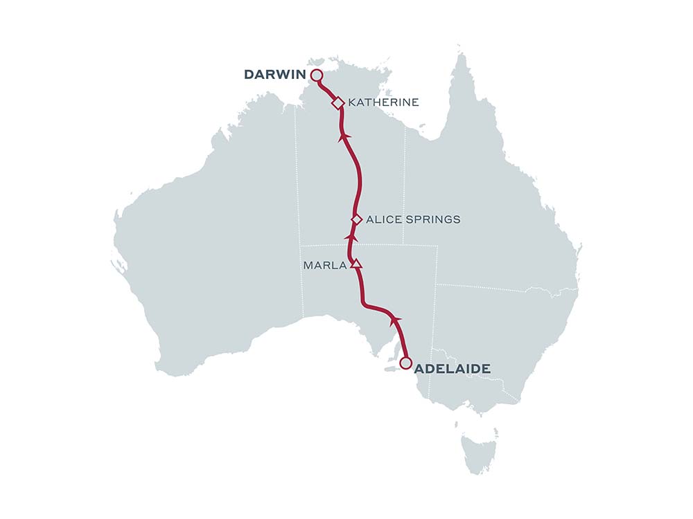 A map of Australia showing the travel itinerary for The Ghan from Adelaide to Darwin