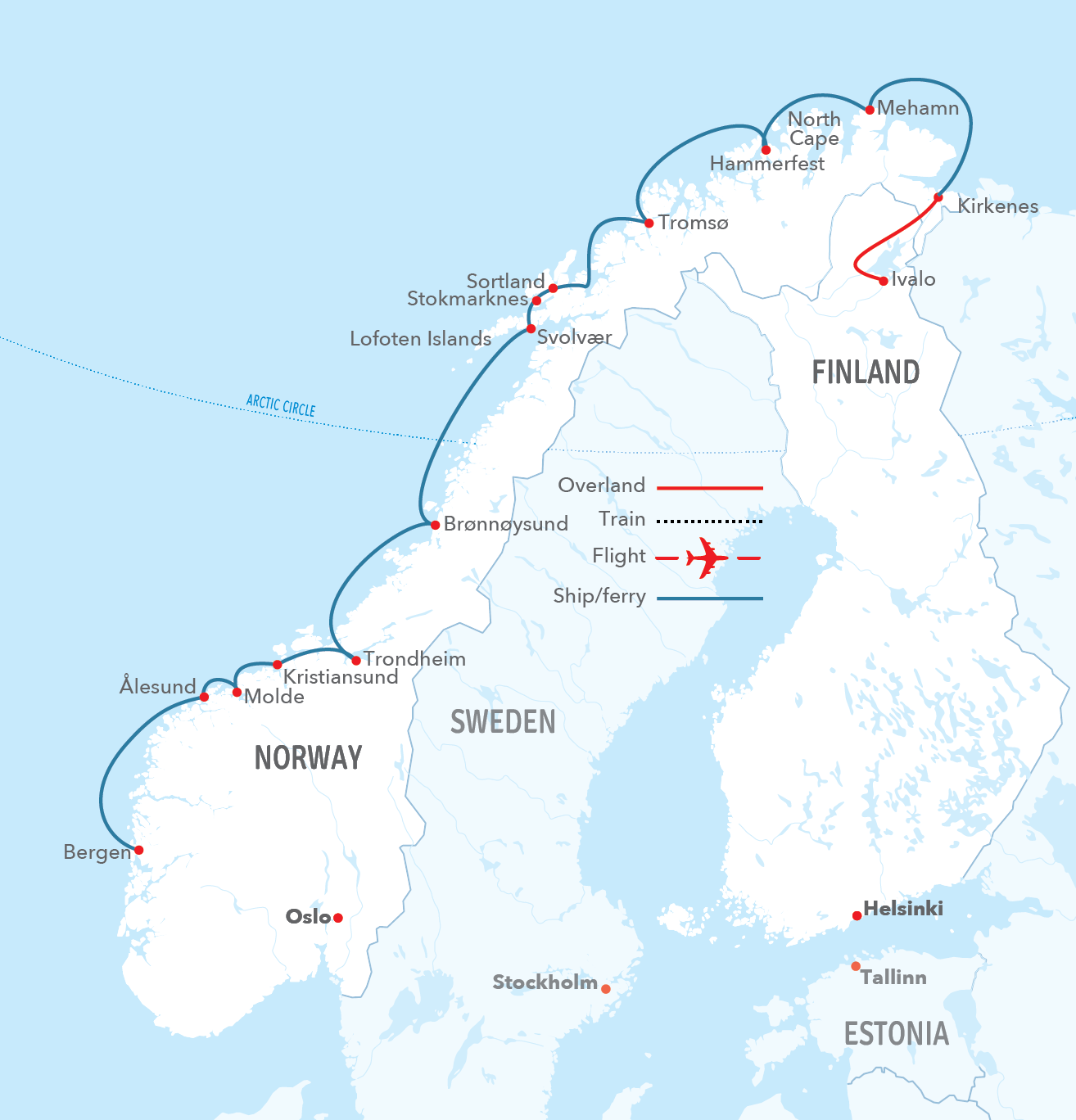 Map of Scandinavia indicating all stops along this itinerary 