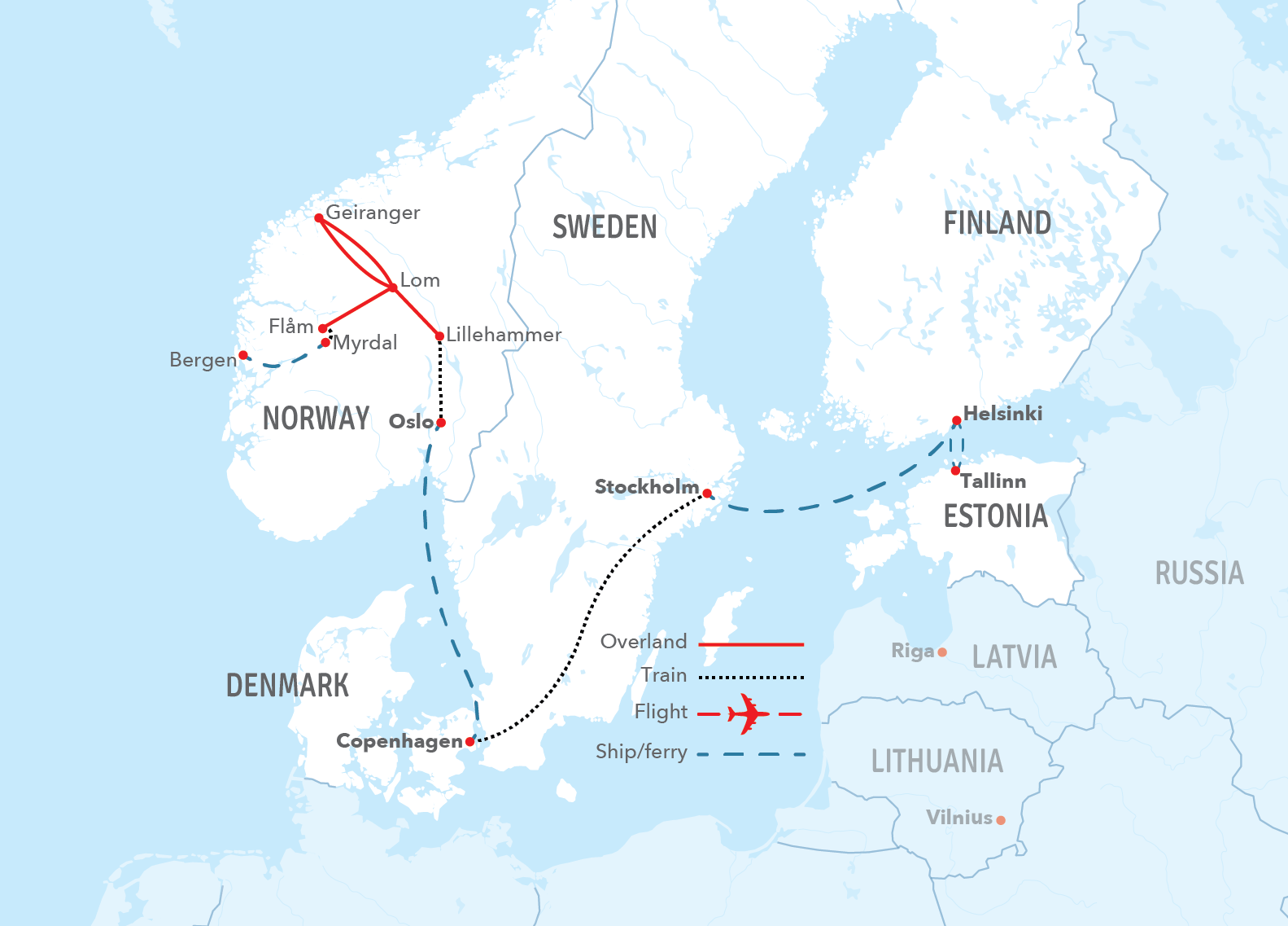 Map of Scandinavia indicating all stops Alon this itinerary 