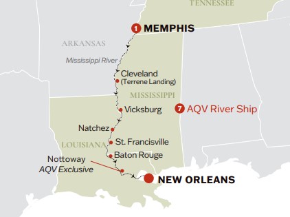 Map of the US indicating all stops along the Mississippi on this cruise itinerary 