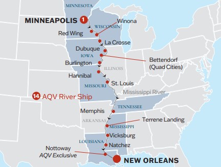 Map of the US indicating all stops along the Mississippi on this cruise itinerary 
