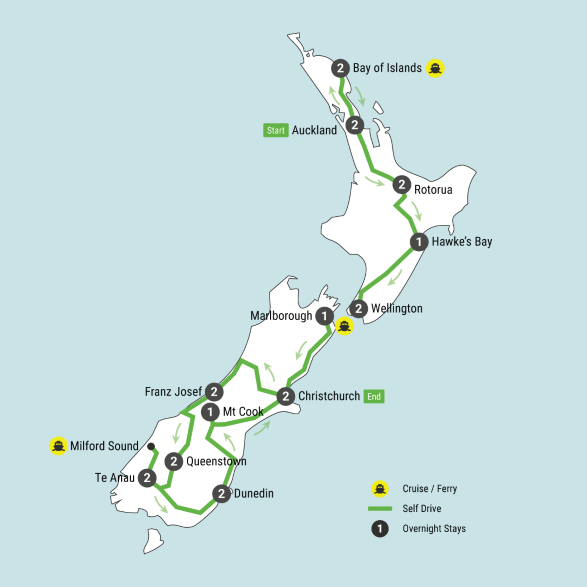 Map of New Zealand showing the route of this self-drive and indicating the number of nights in each of the locations 