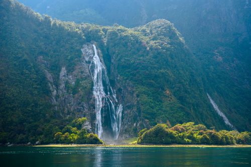 The waterfalls of Milford Sound running down big mountain walls covered by green trees 