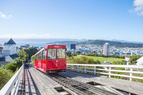 Wellington Cable Car shown from Kelburn Lookout overlooking Wellington on a sunny day