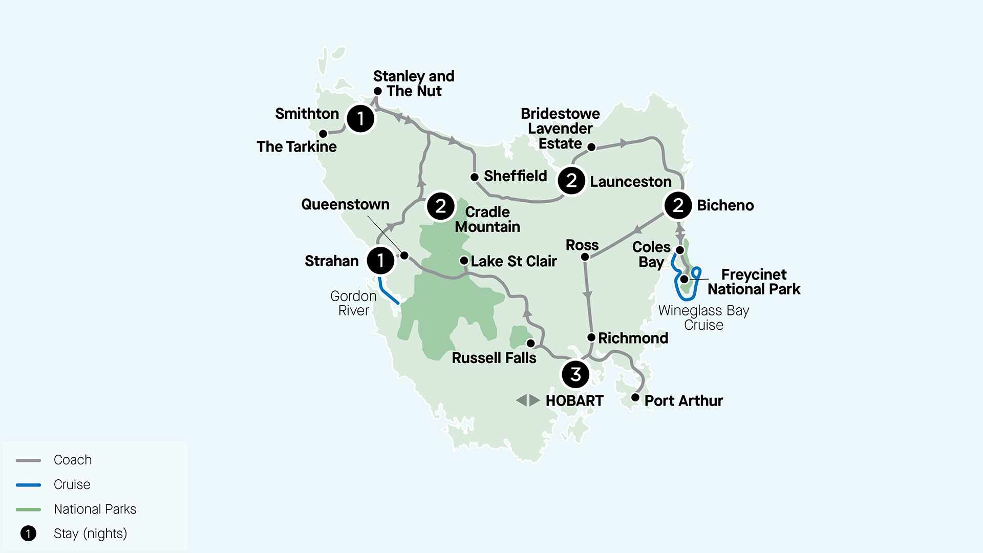 Map of Tasmania indicating all stops along this itinerary 