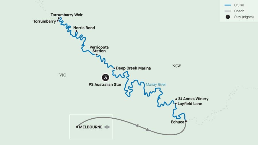 Map of the Murray River indicating all stops along this itinerary 