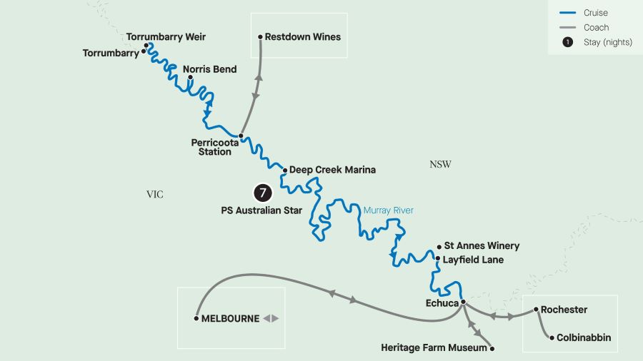 Map of the Murray River indicating all stops along this itinerary 