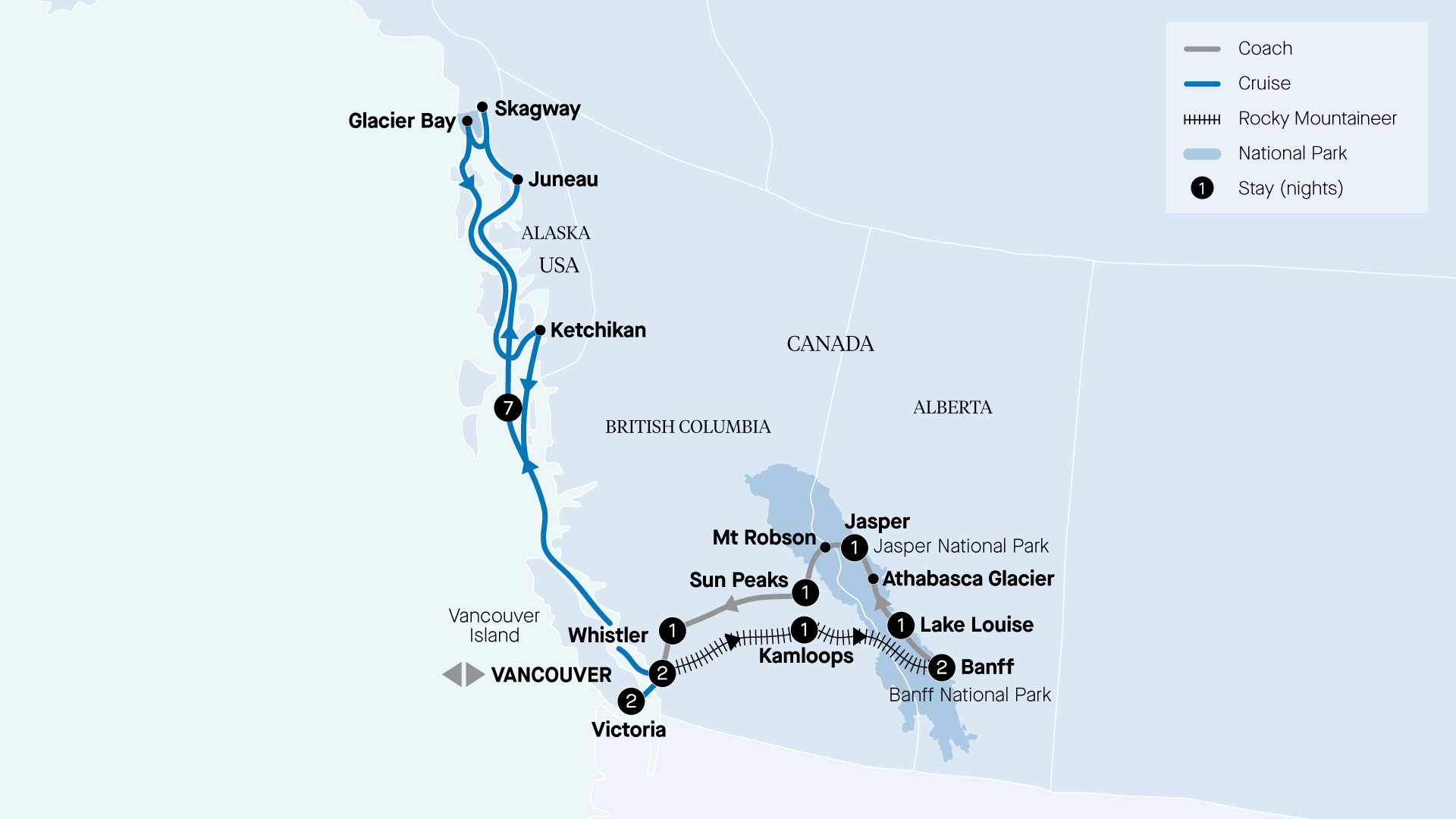 Map of Canada and Alaska indicating all stops along this itinerary 