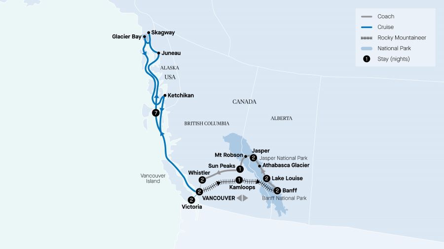 Map of Canada and Alaska indicating all stops along this itinerary 
