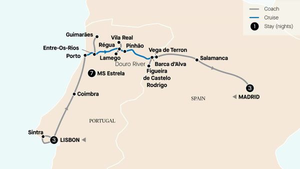 Map of Spain and Portugal indicating all stops along this itinerary 