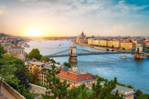 The Széchenyi Chain Bridge crossing the Danube river in Hungary