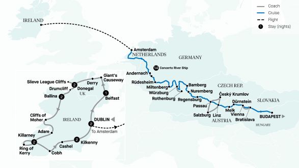 Map of Europe showing all stops of the itinerary 