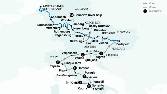 Map of Europe showing all stops along the itinerary 