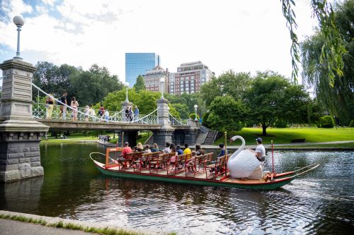 A lake in Boston Common public park with a small boat with tourists 