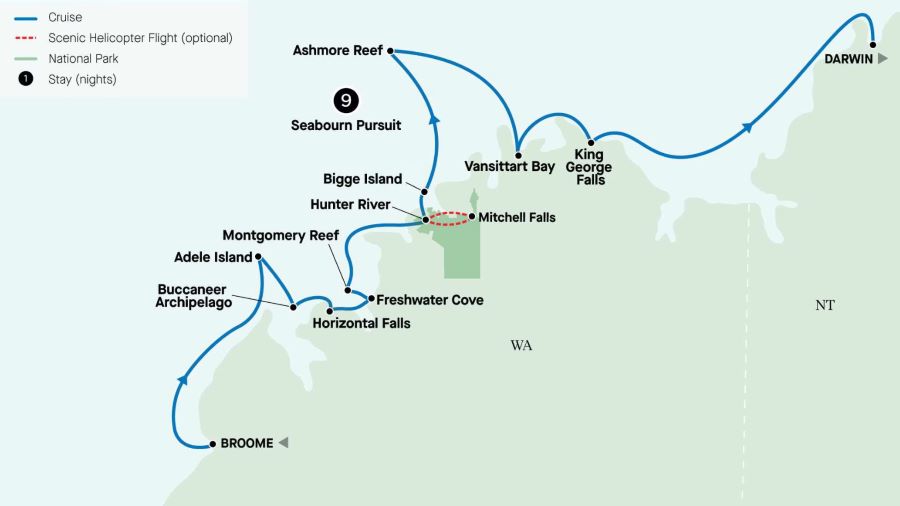 Map of the Kimberley region indicating all stops along this itinerary