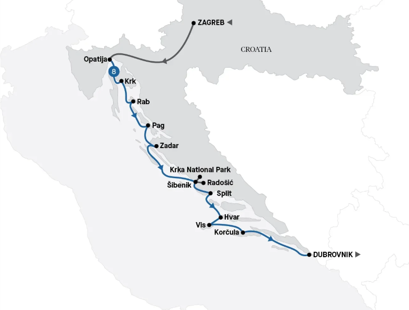 Map of Croatia indicating all stops along this itinerary.