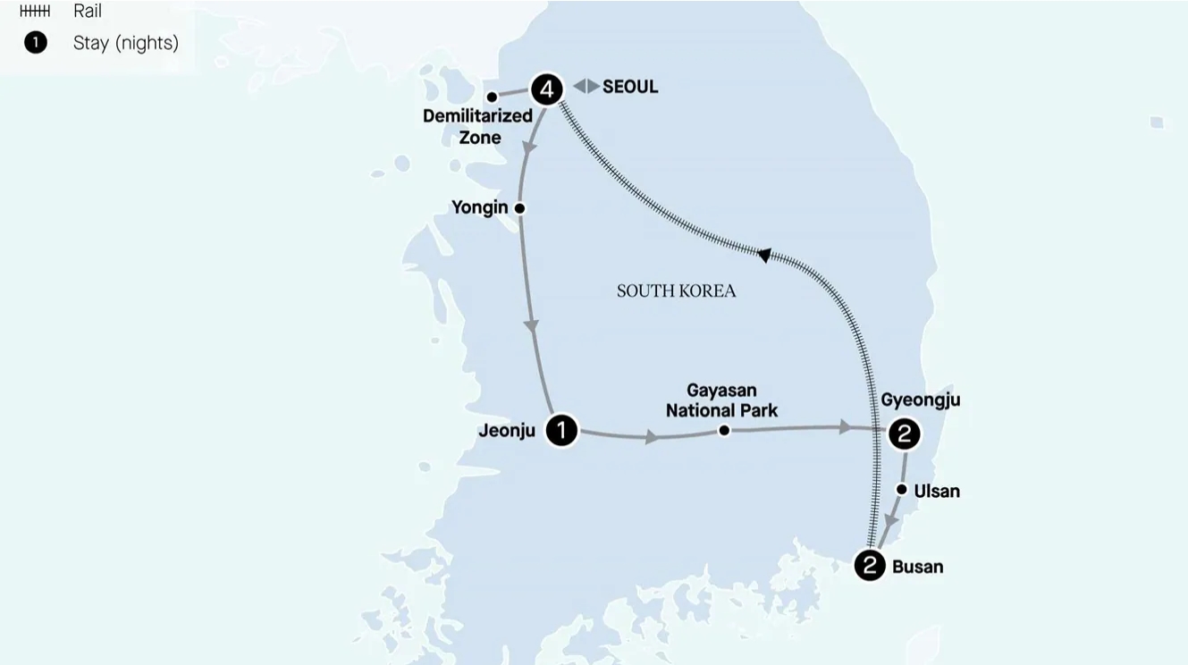 Map of South Korea indicating all stops along the itinerary 