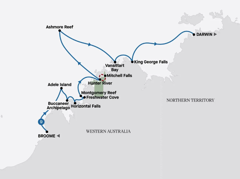 Map of the Kimberley region indication all stops along this itinerary. 
