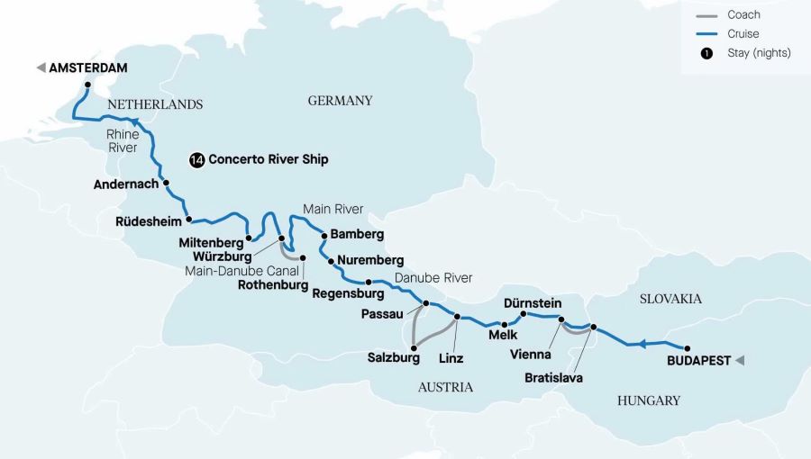 Map of Europe indicating all stops along this river cruise itinerary