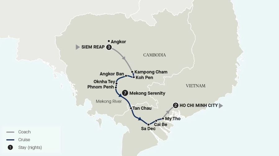 Map of Vietnam and Cambodia indicating all stops along this itinerary