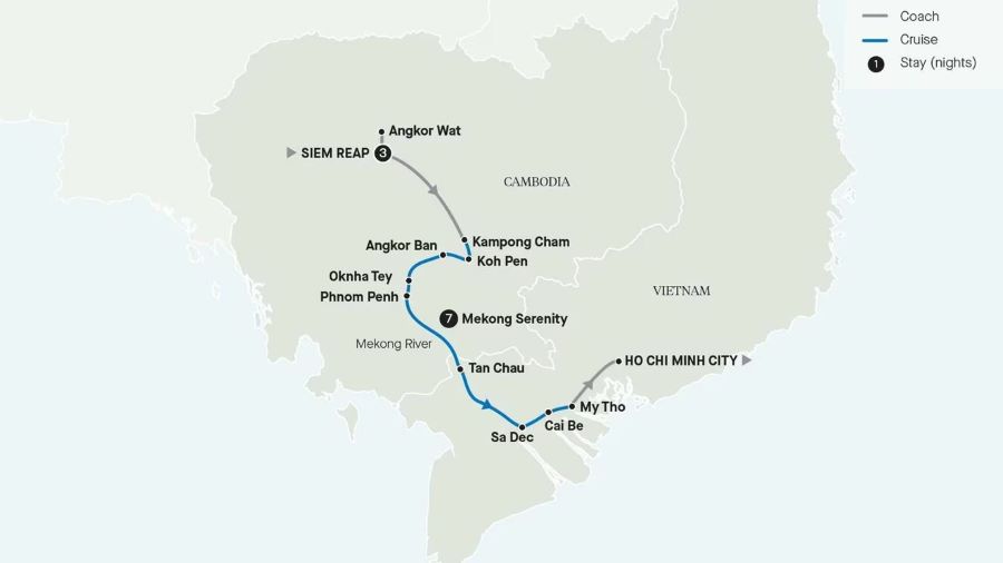 Map of Cambodia and Vietnam indicating all stops along this itinerary  