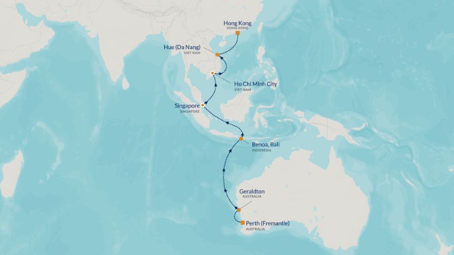 Map of Australia and Asia indicating all stops along this itinerary