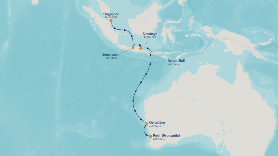 Map of Singapore, Indonesia and Australia indicating all stops along this itinerary