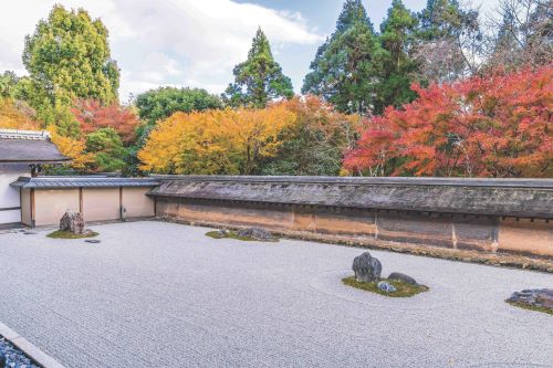 A serene Japanese Zen garden with carefully raked gravel, scattered rocks, and colourful autumn trees in the background.
