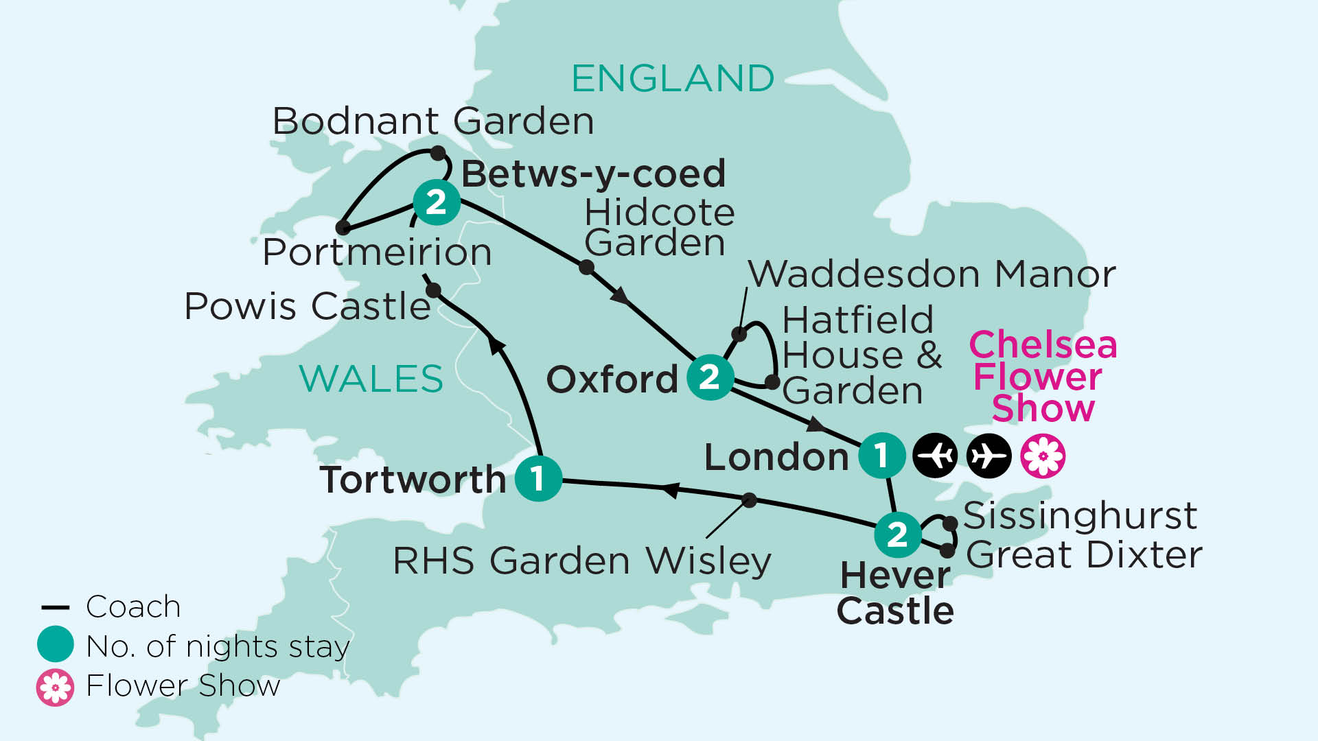 Map of England indicating all stops along the itinerary. 