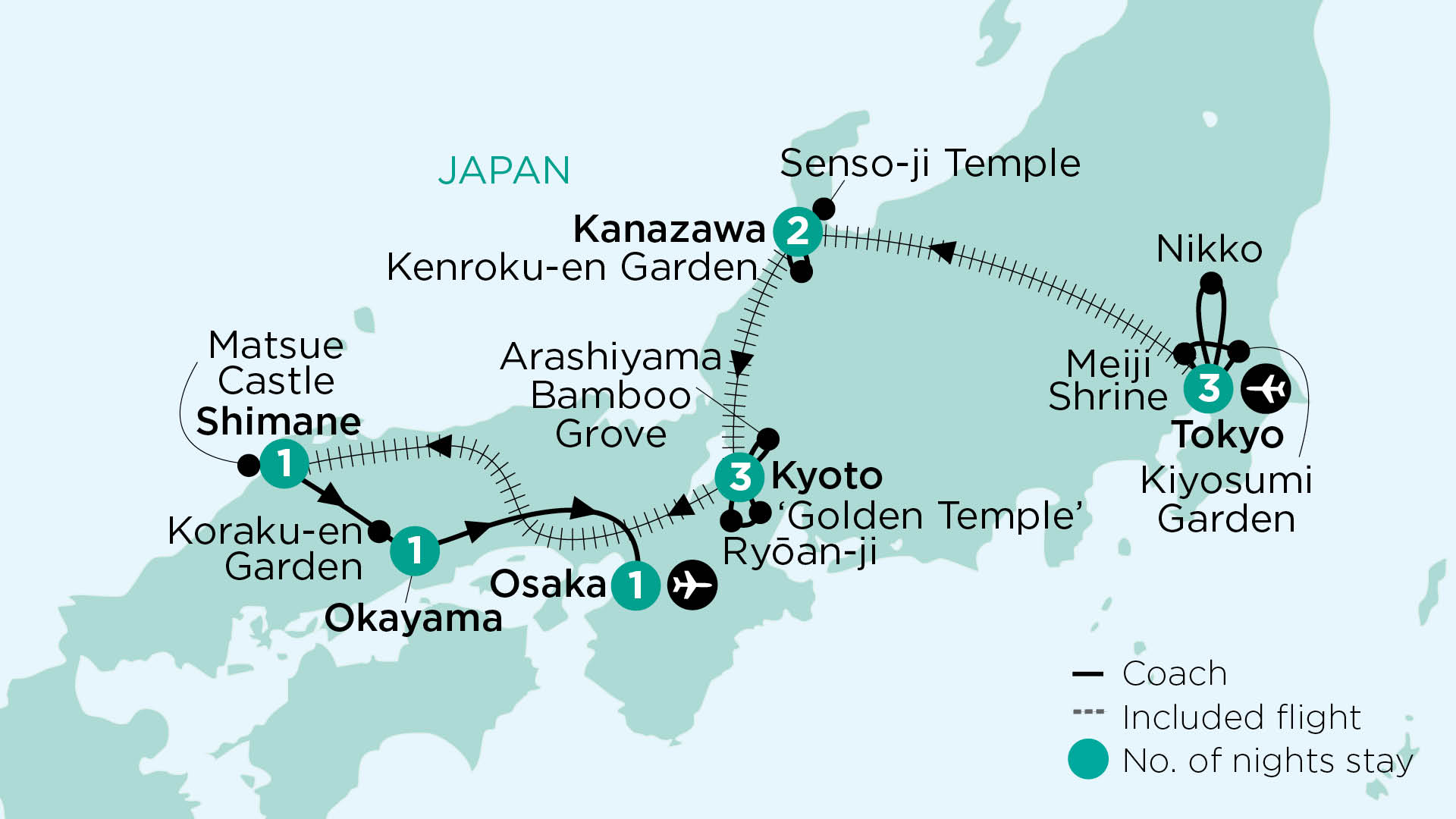 Map of Japan indicating all stops along this itinerary. 