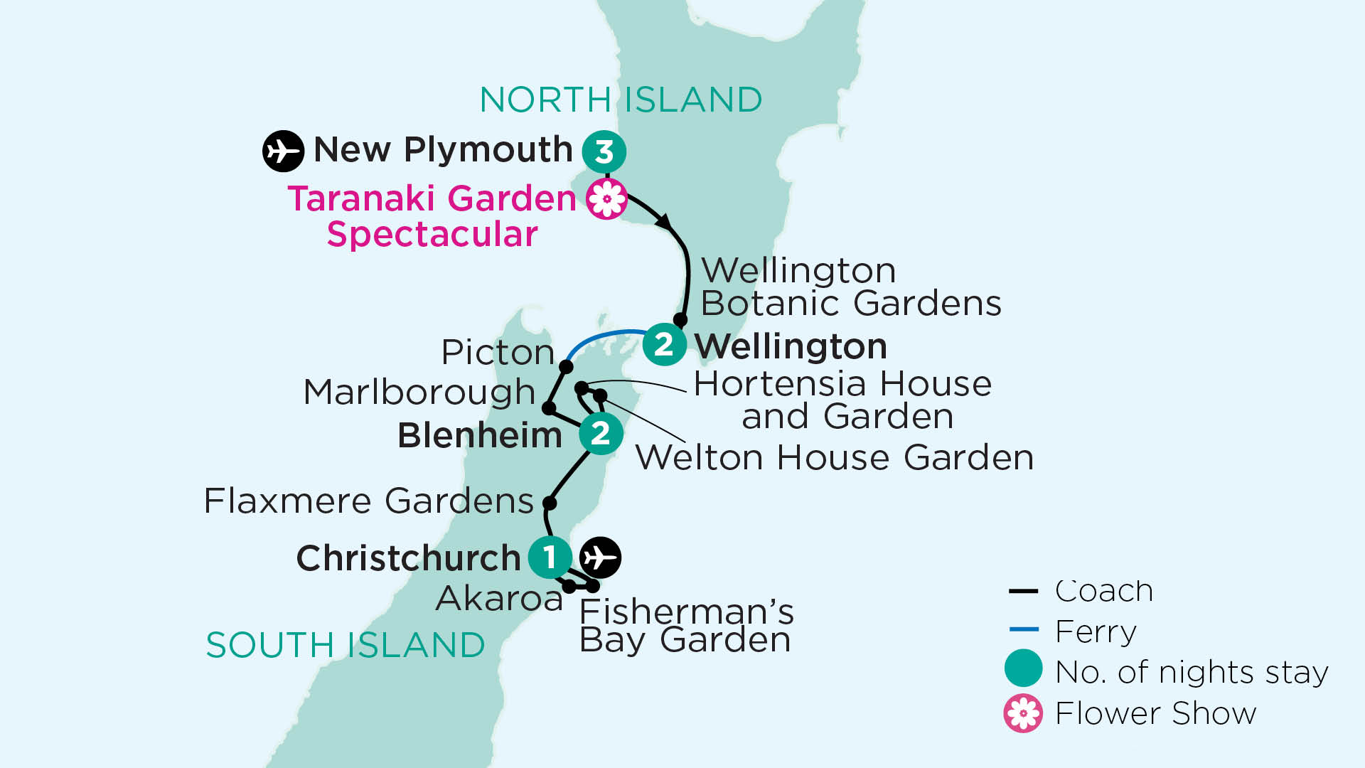 Map of New Zealand indicating all stops along this itinerary. 