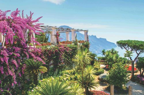 A Mediterranean garden with a blend of lush greenery, vibrant flowers and architectural designs. 