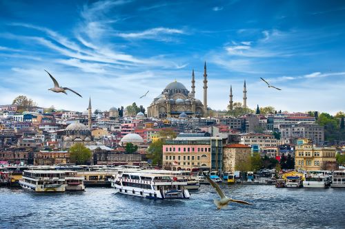 The Blue Mosque in Istanbul with the river and boats in front of it on a clear day