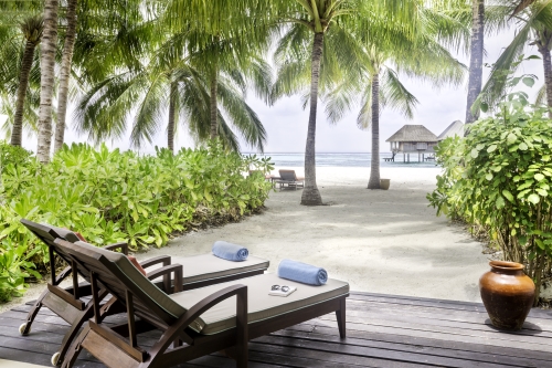 Couple of sun lounges by the beach surrounded by palm trees with the overwater bungalows in the background