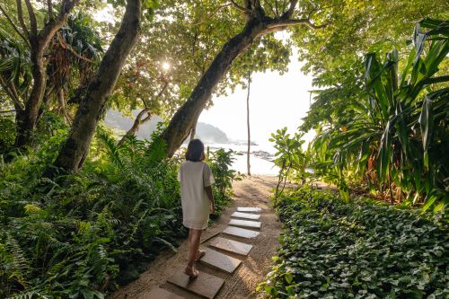 A woman walking through lush nature down to the beach