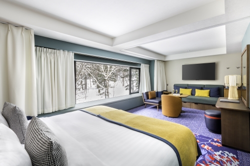 Room interior featuring a modern design and a large window overlooking the snowy forest